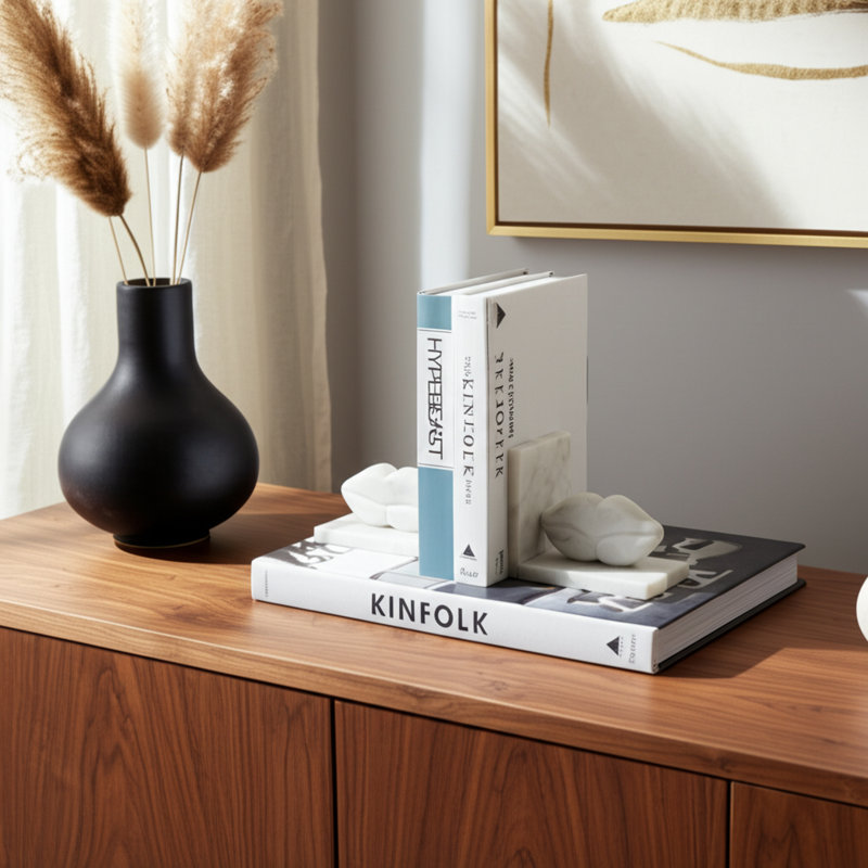 Bookends Marble Stone Lip-Shaped Sculptural Design 6x3x5 Inches White Contemporary Modern for Home Office Set of 2