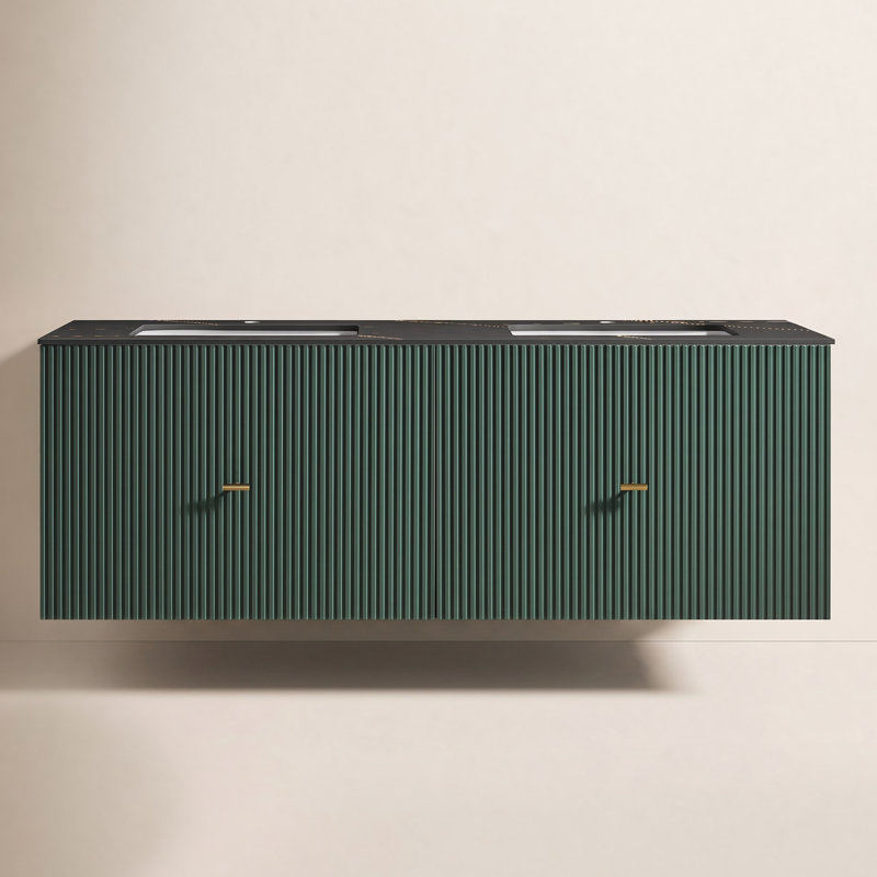 Jamell 60'' Double Bathroom Vanity with Engineered Stone Top, Forest Green, Black