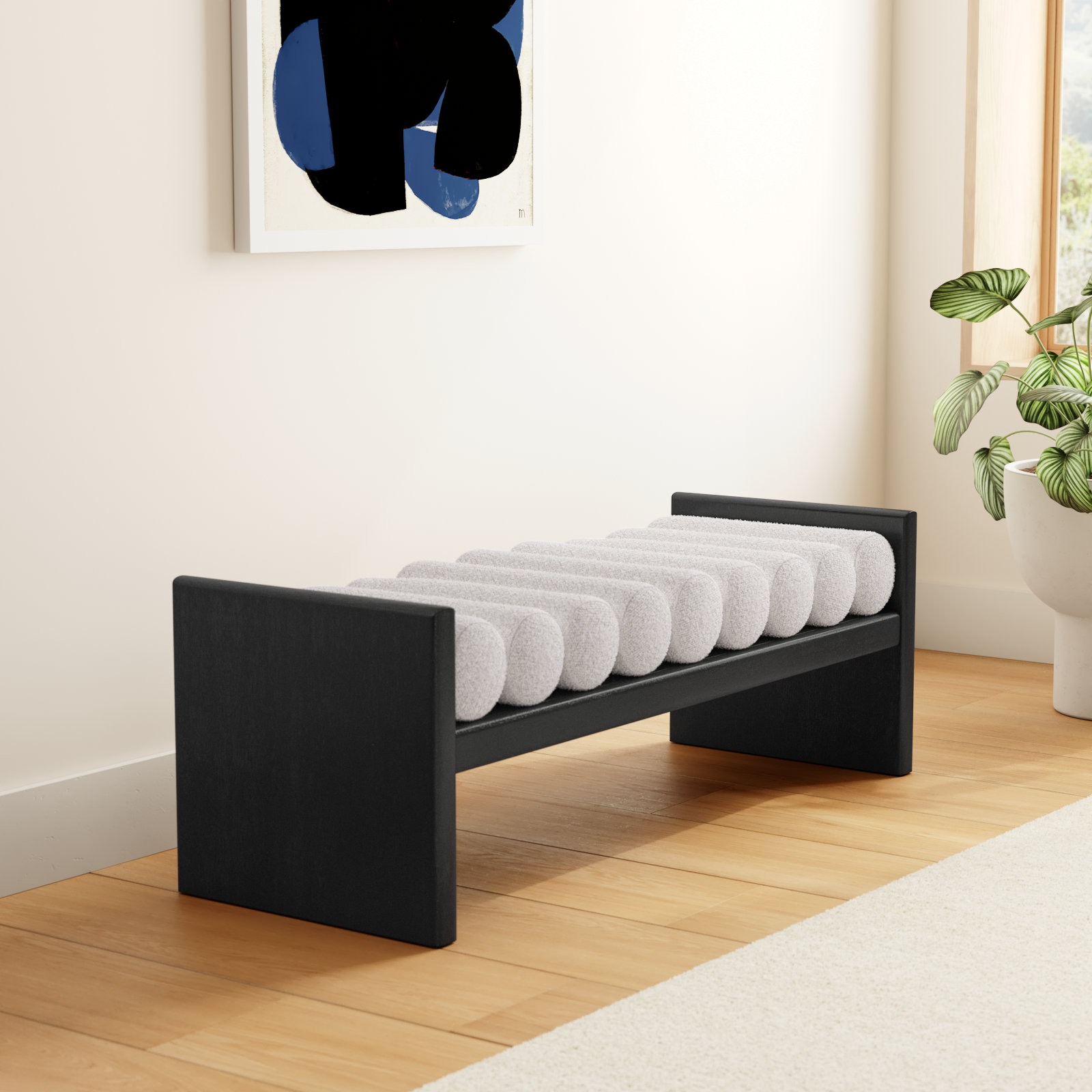 Reeves Boucle Wood Bench, Cream Boucle Fabric / Black Finish, 18" H x 52" W x 19" D