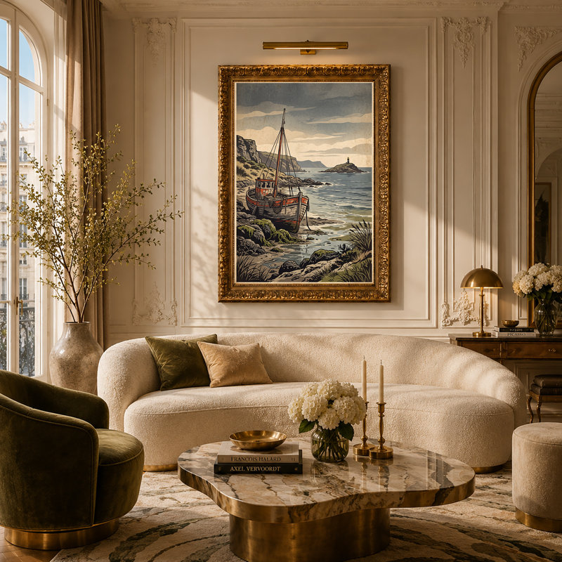 Art sur toile, bateau en bois orange gris sur une côte rocheuse près du phare, 30"H x 20"W
