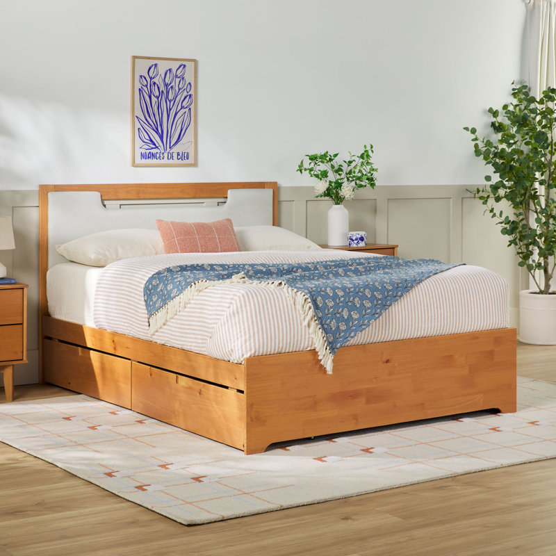 Mid Century Modern Solid Wood Queen Storage Bed With 2 Drawers, Caramel