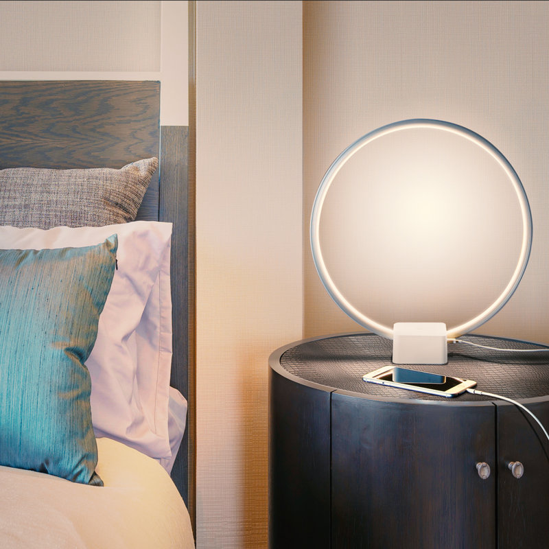 Lampe de table moderne à DEL intégrée avec gradateur à 3 voies et port de charge USB, finition blanche Circle, Blanc