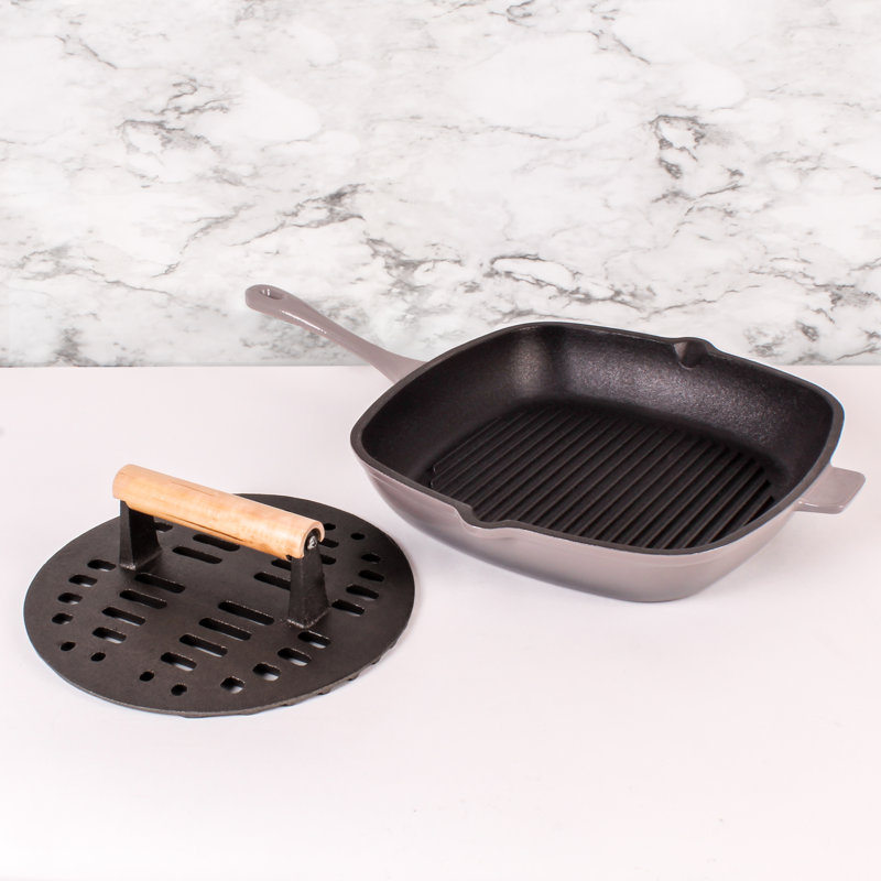 Ensemble de fonte 2 pièces Neo: poêle à griller de 11 po avec presse à steak rainuré et huître, Huître