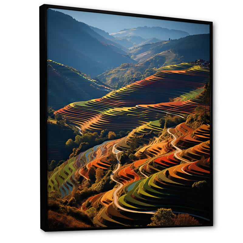 «Scenic Vineyard Mosaic Field», reproduction d'art mural paysage et nature, H 32 po x l 16 po x P 1 po, Cadre flottant noir