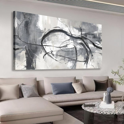 Large Abstract Wall Art - Black Gray White Canvas Picture For Living Room Modern Ink Lines Painting Print Decor Contemporary Artwork Wall Art For Bedroom Kitchen Home Office Decoration 20" X 40"