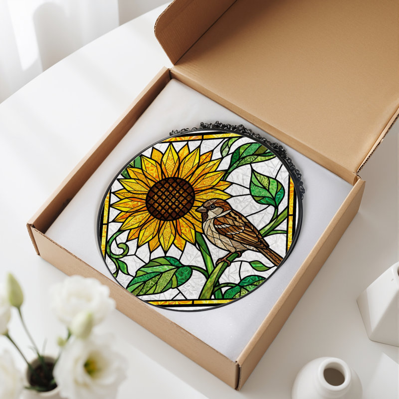 7.8"H Sunflower Sparrow Stained Glass Window Panel