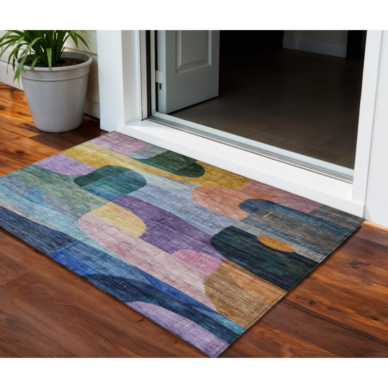 3' X 5' Blue Purple And Green Abstract Washable Indoor Outdoor Area Rug