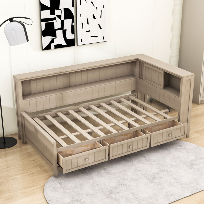 Lit de jour en bois 3 tiroirs avec tablettes, Lit simple