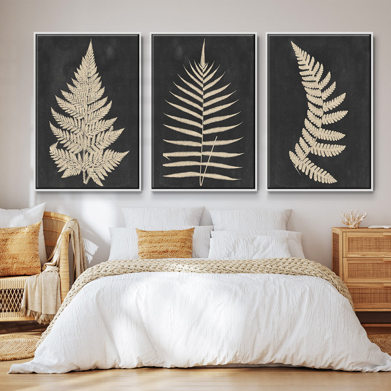 Lin en fougère I, ensemble de 3 pièces encadrées sur toile, Cadre blanc, H 40 po x l 78 po