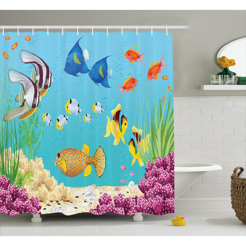 Rideau de douche + crochets Water Plants and Fishes, H 69 po x l 75 po