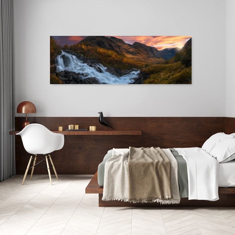 «Golden Autumn Mountain Falls», art dramatique coloré, forêt d'automne, H 20 po x l 60 po