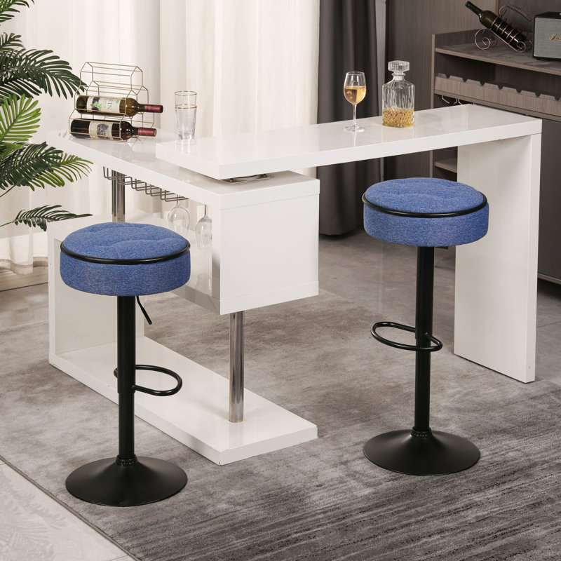 Ensemble de 2 tabourets de bar ronds avec rangement, tabouret pivotant à hauteur réglable en lin avec structure en métal
