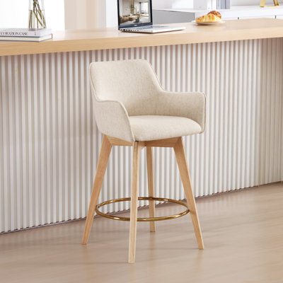 Ashwell Swivel Full Back Arms Upholstered 26.6"H Counter Stool with Solid Rubberwood Frame and Gold Footrest