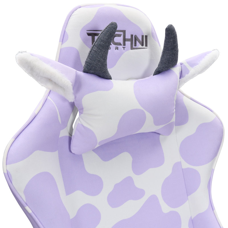 Lavender and White Velvet Ergonomic Gaming Chair with Cow Print