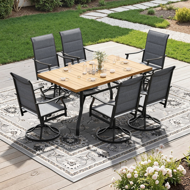 6 Person Outdoor Metal Table Swivel Dining Chair Set, Gray