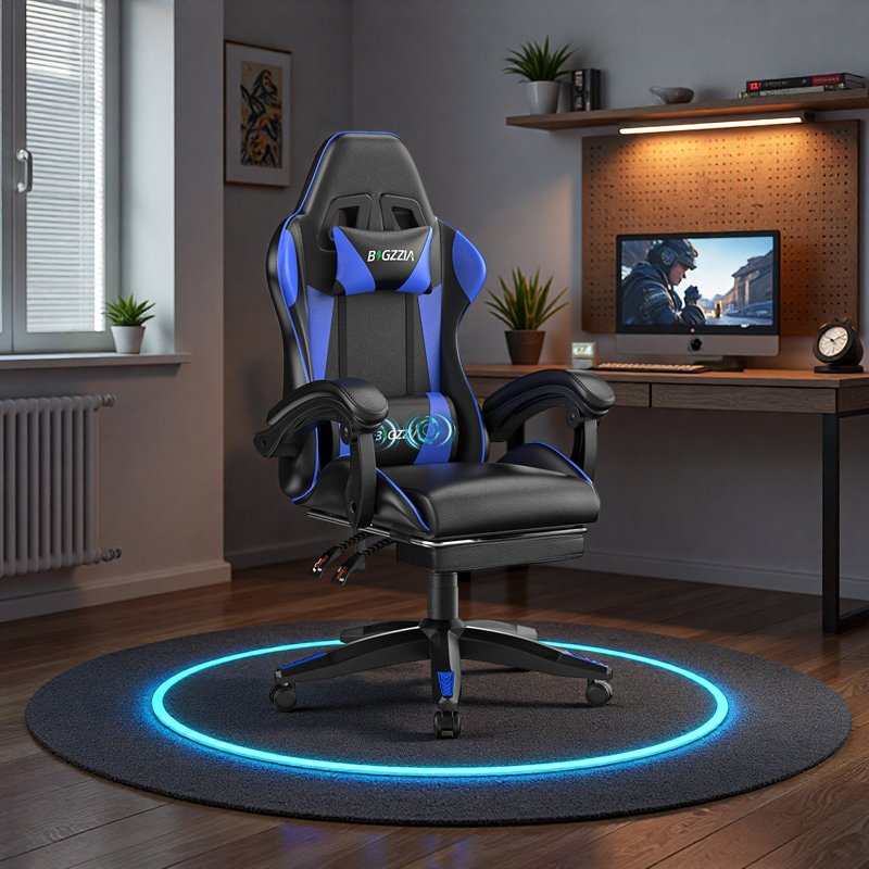 Ergonomic Game Chair with Massage Lumbar Support and Footrest Swivel, Black/Blue