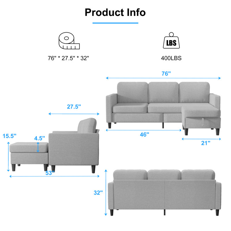 Ebern Designs Sillones Para Sala Convertible Sectional Sofa Couch,3-seat L-shaped,reversible Modern Couch With Movable Storage Ottoman Chaise, Free Combination Sofa For Living Room And Office