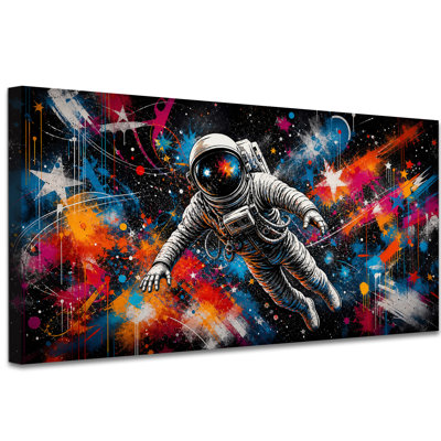 Art mural sur toile flottant astronaute Street Art, graffiti cosmique bleu orange, rouge, magenta, pour salle de jeux pour adolescents ou studio, galerie tendue, prête à être suspendue, 24 po x 12 po