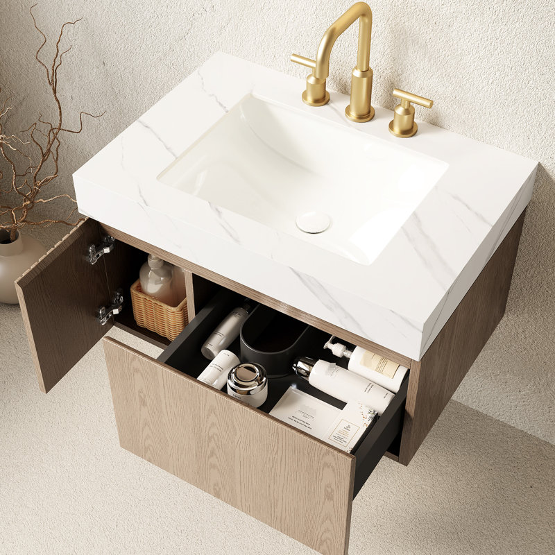 Meuble-lavabo de 30 po avec comptoir en pierre frittée blanche, lavabo en céramique, armoire de rangement en contreplaqué flottant, tiroir, porte, pré-assemblé, grand rangement, lavabo à système de fermeture en douceur, porte et tiroir