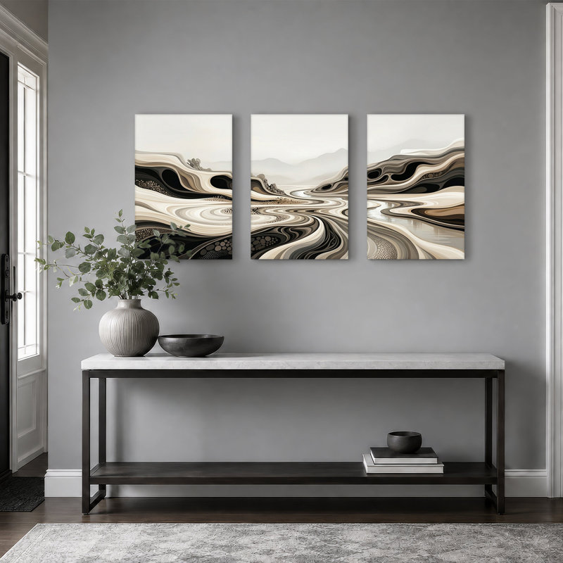 Ensemble de 3 toiles murales abstraites représentant une rivière et des montagnes au loin, 36"H x 24"W x 3pcs