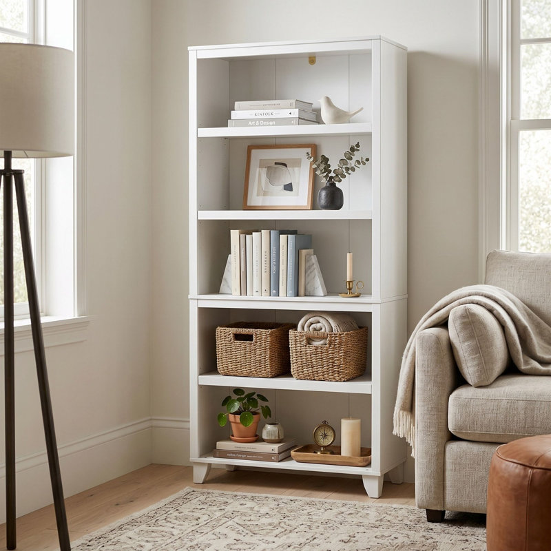64.25”H 5-Tier Bookcase with Raised Legs, White Freestanding Open Shelf Storage & Display for Living Room, Bedroom, or Home Office