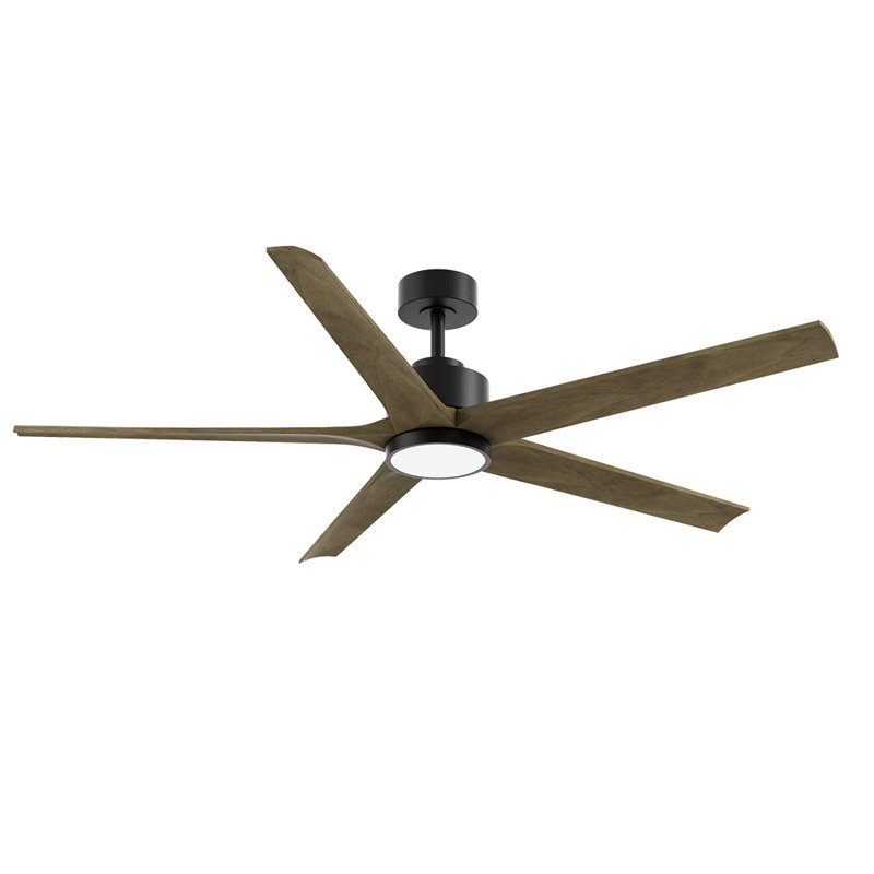 60” 5 Blade Solid Wood Ceiling Fan With Light & Remote Control,elegant & Quiet Airflow, Black, Light Brown