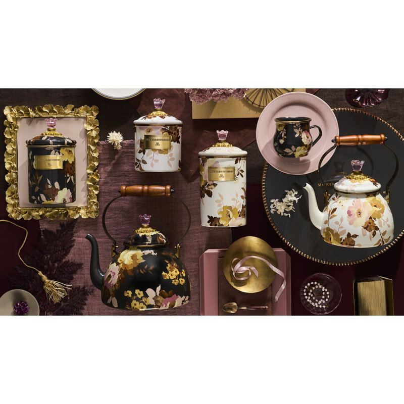 Wild Rose 3 Quart Tea Kettle, White