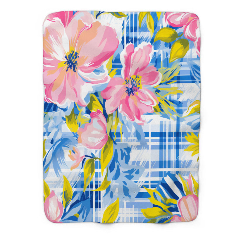 Tartan Watercolor Flowers - Couverture sherpa de qualité supérieure 1 pièce, L 50 po x L 60 po