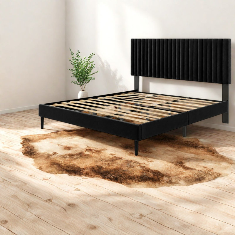 Lits modernes, lit plateforme Queen en velours avec tête de lit ajustable pour la maison, Noir