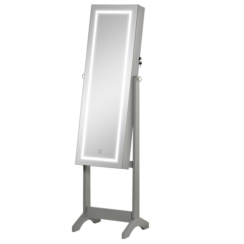Armoire à bijoux sur pied avec éclairage à DEL, organisateur de bijoux verrouillable avec miroir pleine longueur et 4 angles réglables, gris
