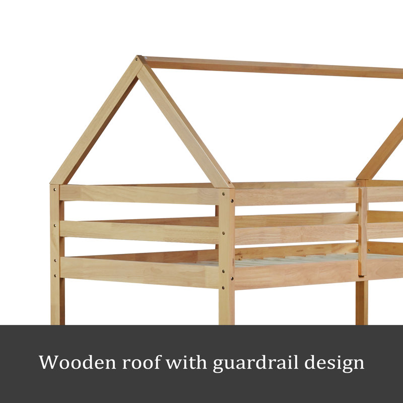 Twin Over Twin Rubber Wood Floor Bunk Bed, With Ladder,Guardrails,House-Shaped-Bunk Bed, oak
