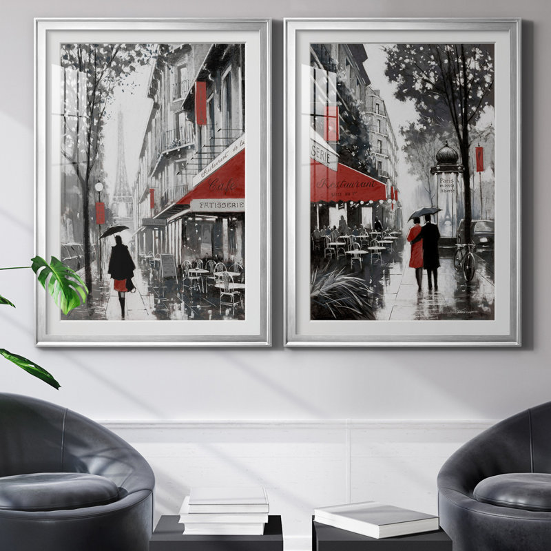 «Rainy Paris I», ensemble de 2 reproductions d'art, H 26,5 po x l 73 po x P 1,5 po, Papier avec cadre argenté, Blanc