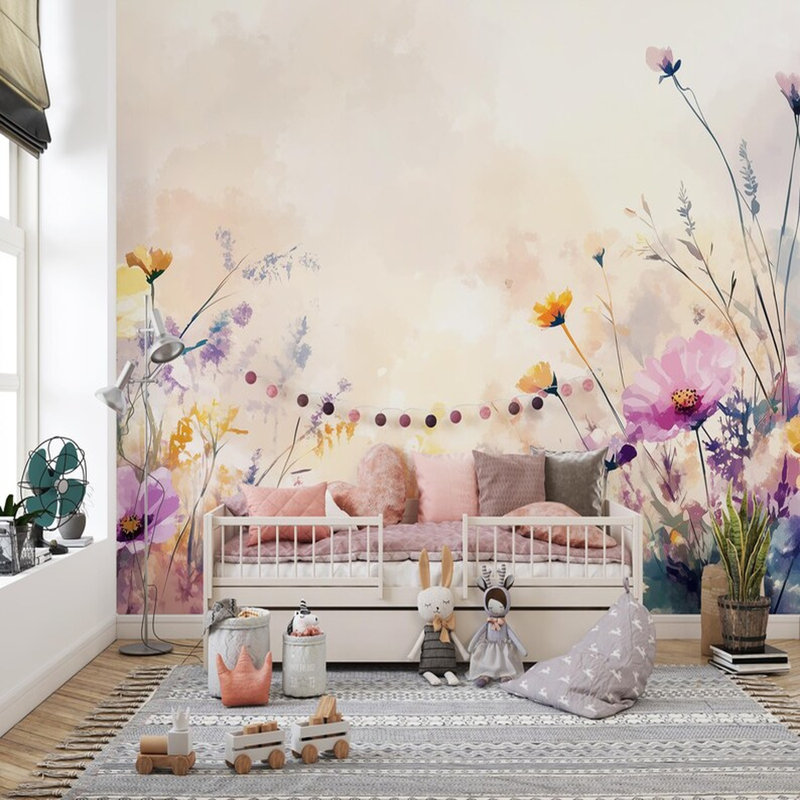 Murale aquarelle fleurs sauvages, L 160 po x l 108 po