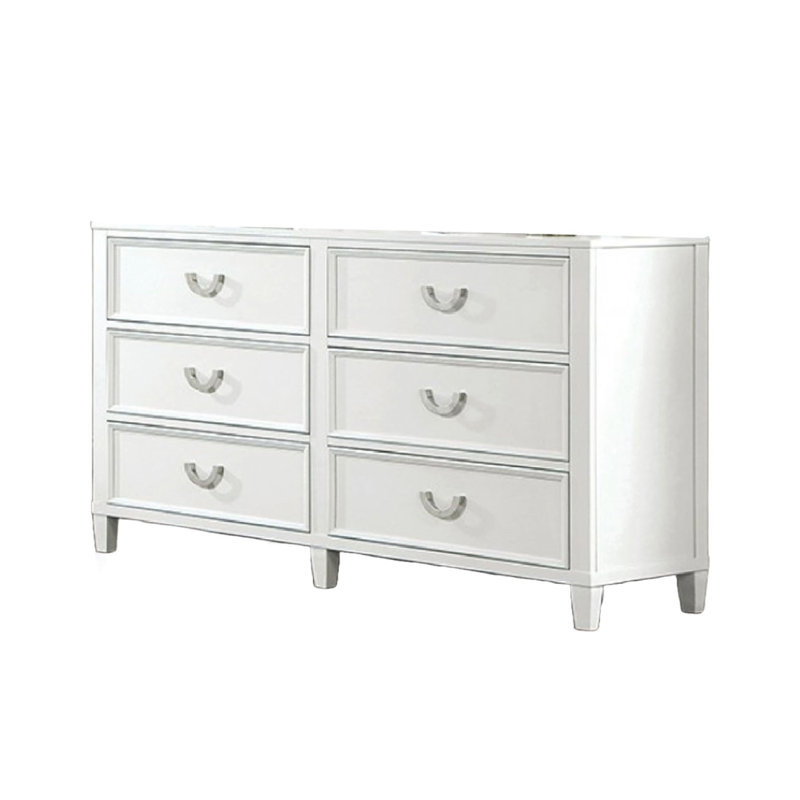 Kiki Wide Dresser With 6 Drawers, Bracket Feet, White Solid Wood