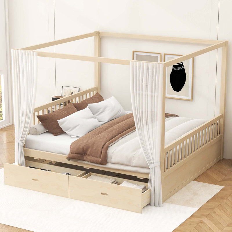 Wooden Canopy Bed with Storage Drawers, Natural, Queen