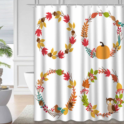 Pumpkin Wreath Harvest Leaf Berry Bird Shower Curtain with 12 Hooks