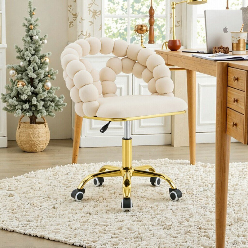 Fauteuil de bureau pivotant en velours avec dossier à bulles et base dorée, Beige et or