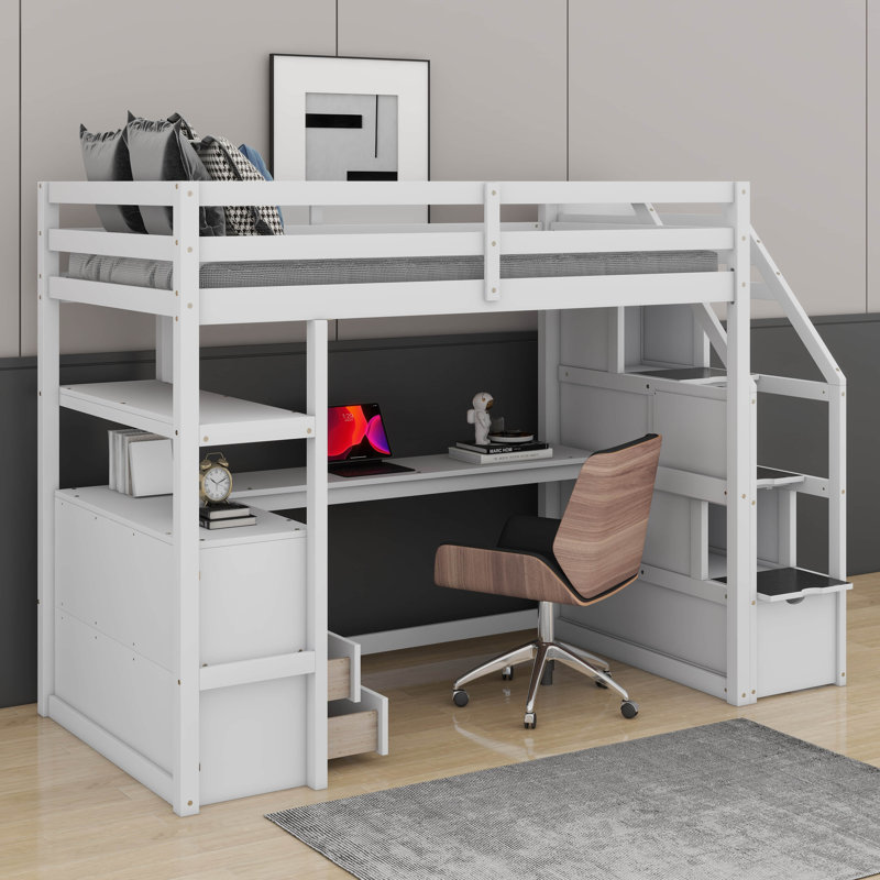 Lit mezzanine simple avec bureau, tablettes, 2 tiroirs et escalier de rangement, Blanc