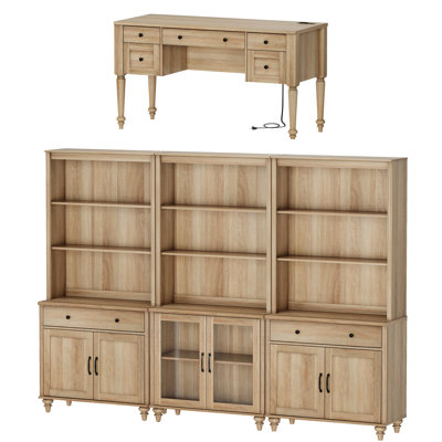 Ensemble de bureau 2 pièces, bureau double 56 po, bibliothèques avec 6 tiroirs et 2 portes vitrées, chêne