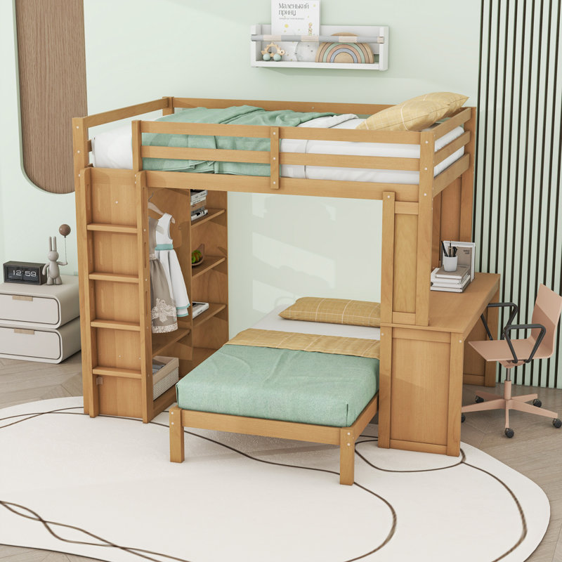 Lit superposé en bois avec bureau et tablettes intégrées, Naturel, Tailles de lit – double TG sur simple
