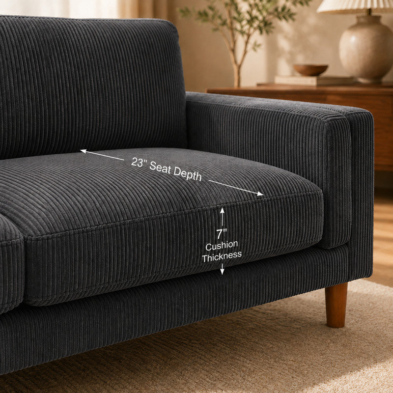 Beige Corduroy Upholstered Square Arm Sofa with Wood Legs, Gris foncé