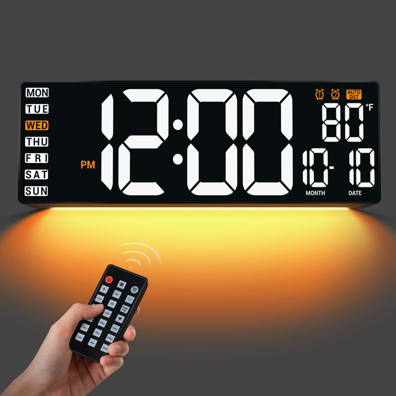 Grande horloge murale numérique 16,5 po avec télécommande, affichage à DEL à intensité variable avec horloge de la date, grande horloge murale pour personnes âgées, salle de classe, dortoir, maison, bureau, salle de sport, blanc