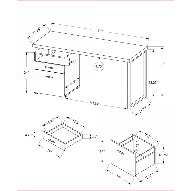 Bureaux: bureau d'ordinateur moderne de 60 po avec tiroirs de rangement, ensemble réversible gauche / droite, métal gris stratifié blanc | Blanc | Panneau de particules