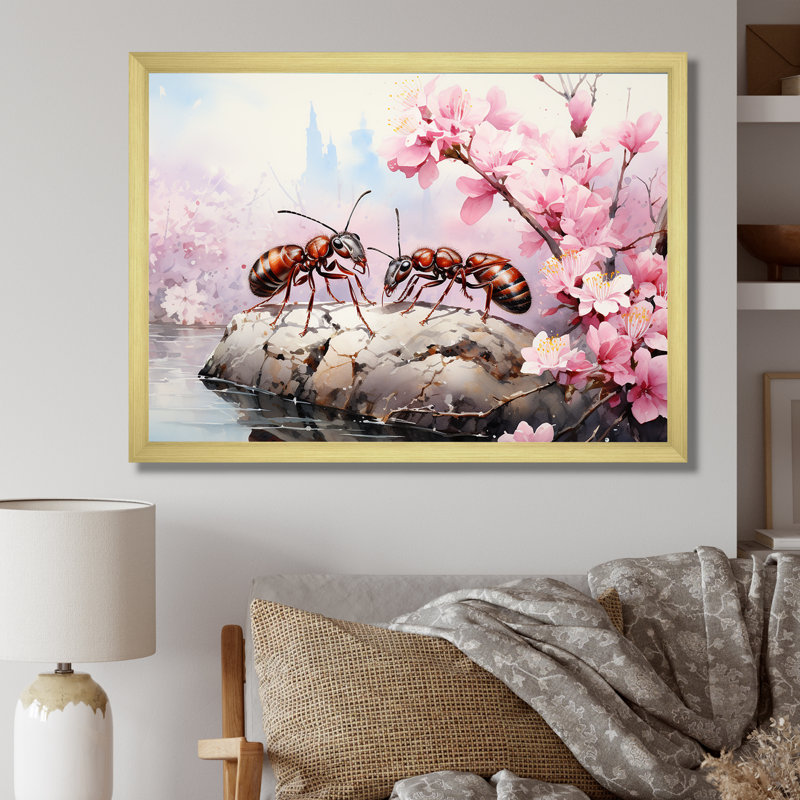 Pastor Gatherers, fourmis rouges, fleurs roses - fourmis, art mural, salon, H 24 po x l 32 po x P 1 po