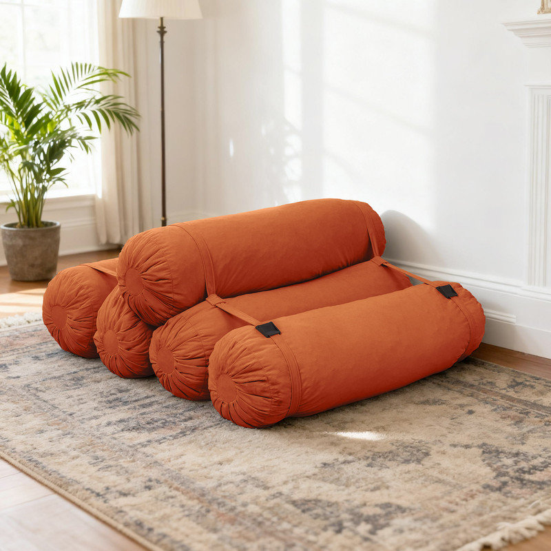 Adjustable Modular Floor Sofa with 5 Cylindrical Pillows,Convertible Corduroy Lounge Chair, Orange Corduroy