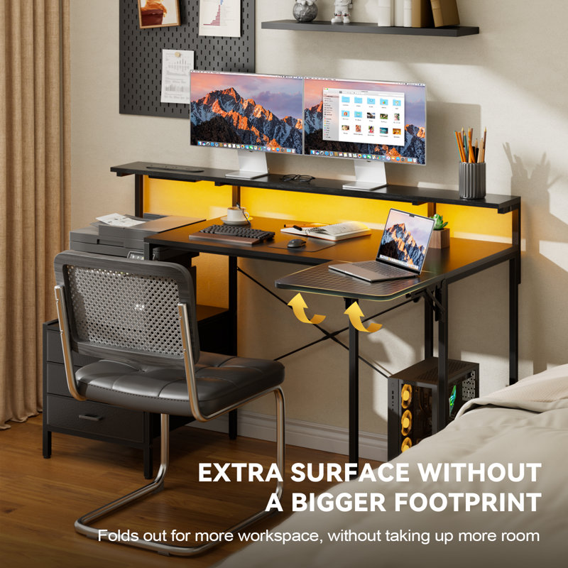 L Shaped Computer Desk with LED Lights, Power Outlets & USB Charging Ports, Foldable Extension Panel, Home Office Desk with Storage Drawers & Open Shelves, Black