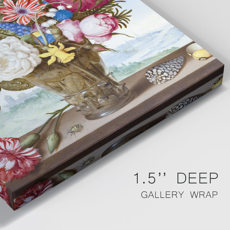 Bouquet de fleurs sur une corniche - impression sur toile tendue, H 36 po x l 24 po x P 1 po