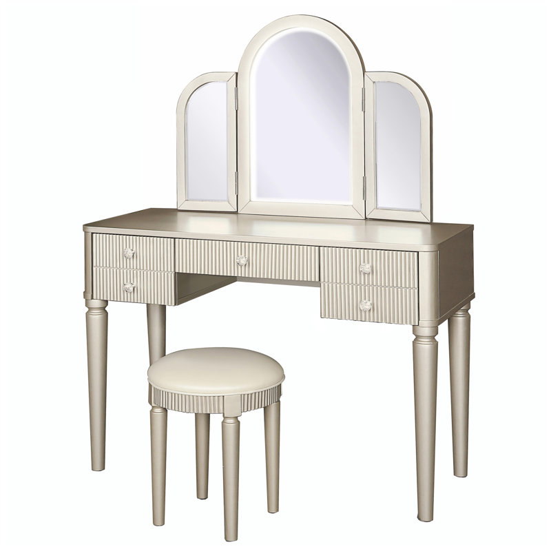 Ensemble de coiffeuse en miroir avec lumière DEL, ensemble de coiffeuse de chambre à coucher de couleur champange pour chambre à coucher / salle de maquillage, bureau de travail, ensemble de meubles