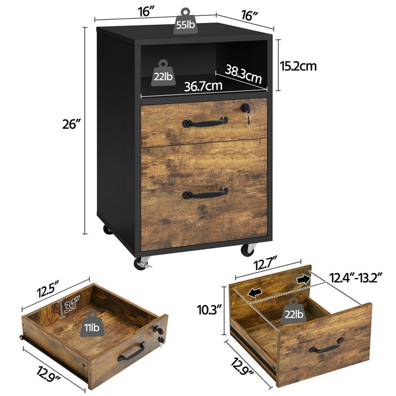 Elisbeth 16'' Wide 2 -Drawer Mobile File Cabinet, Black/Rustic Brown
