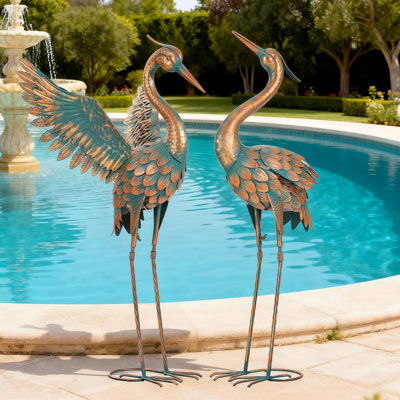 36" Handcrafted Metal Blue Heron Garden Statue with Ground Stakes, Weathered Copper Blue(Set of 2)